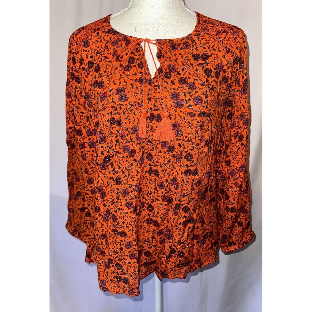 Old Navy Top Womens Size S Babydoll Tunic Long Sleeves keyhole Tie Neck Tassels